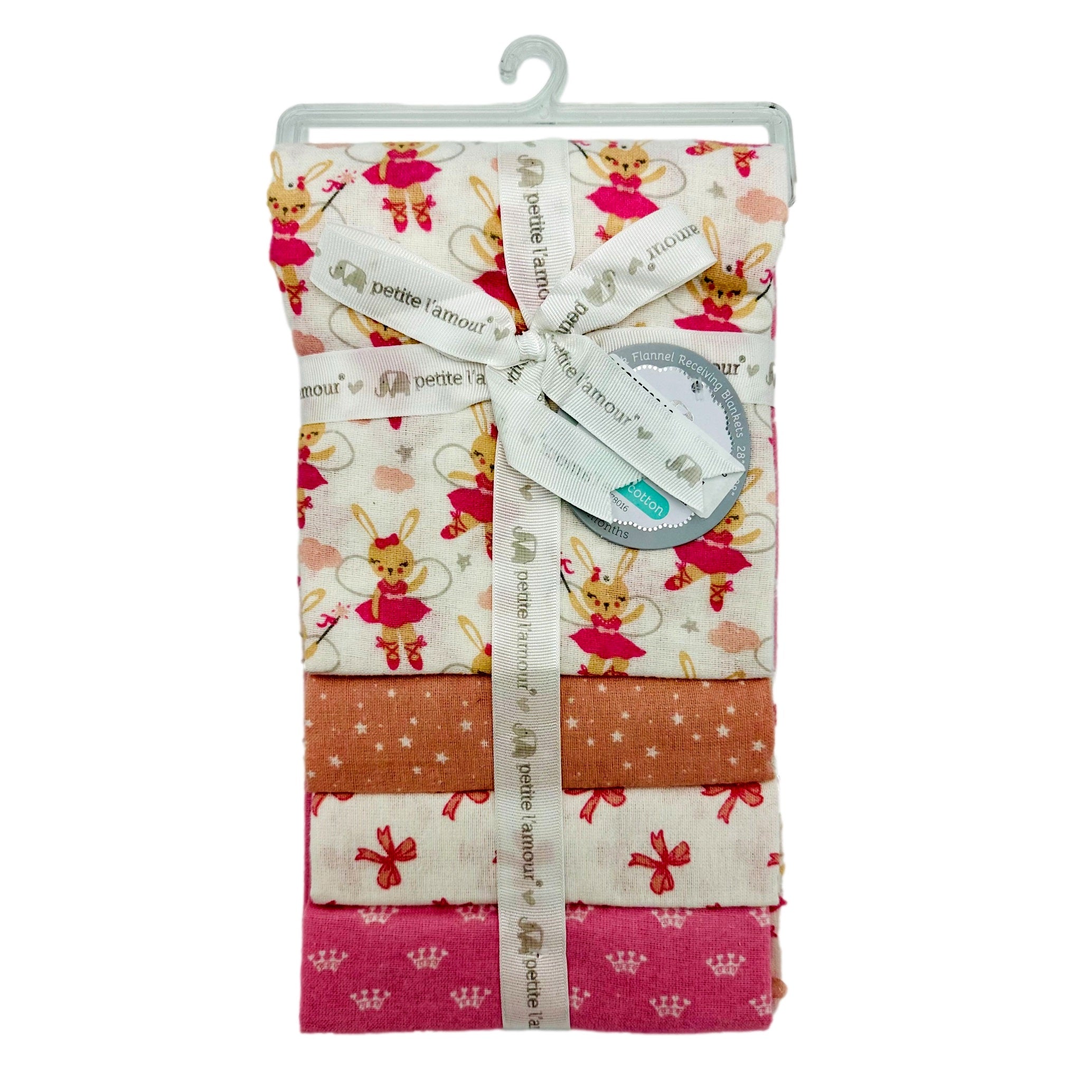 Stack of baby flannel blankets with ballerina bunny print, tied with branded ribbon on a hanger.